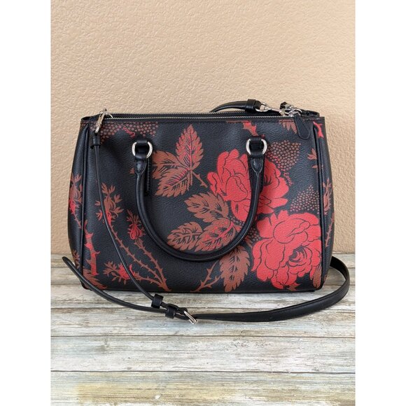 Coach F76681 Surrey Carryall Thorn Roses Print Black Leather Satchel Pre-owned - Picture 7 of 16